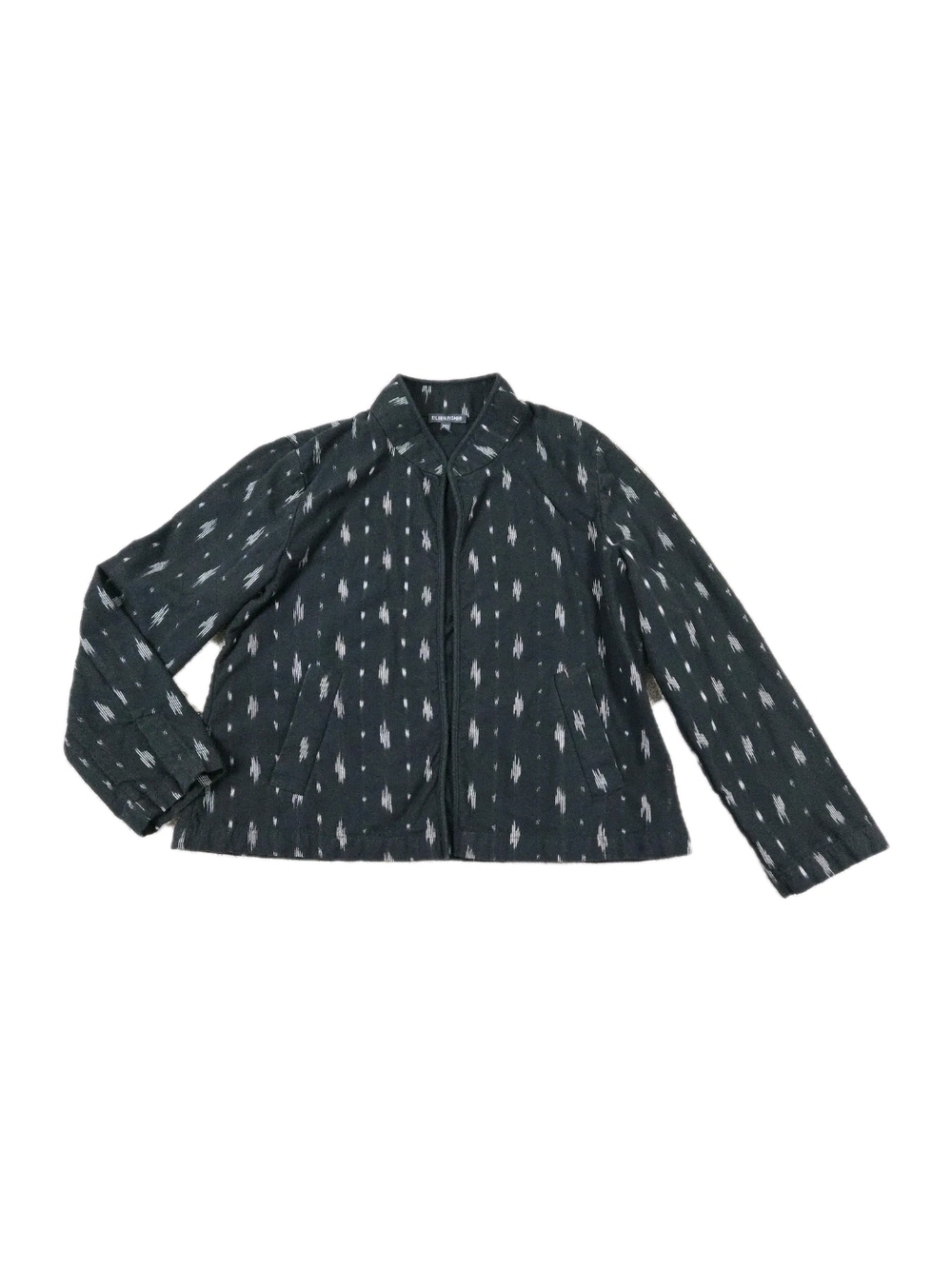 Eileen Fisher Mandarin Collar Jacket M Black Ikat Organic Cotton Artsy Office